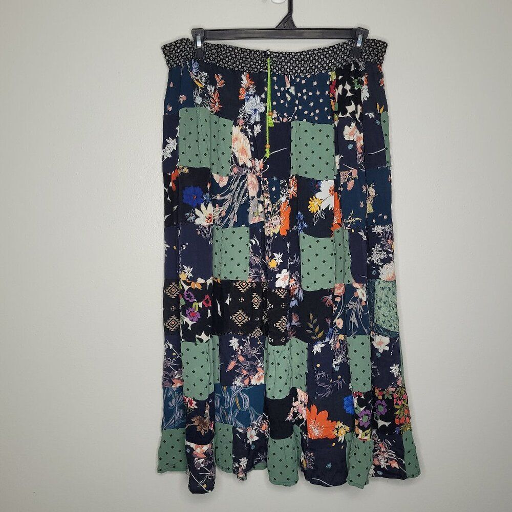 Just Cruising mixed print patchwork drawstring maxi rustic artsy boho skirt